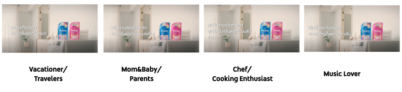 Snapshots of effective ad creatives that P&G Thailand created to maximize the impact of the launch of its premium fabric enhancer, "Downy", across all platforms, including YouTube and TV.