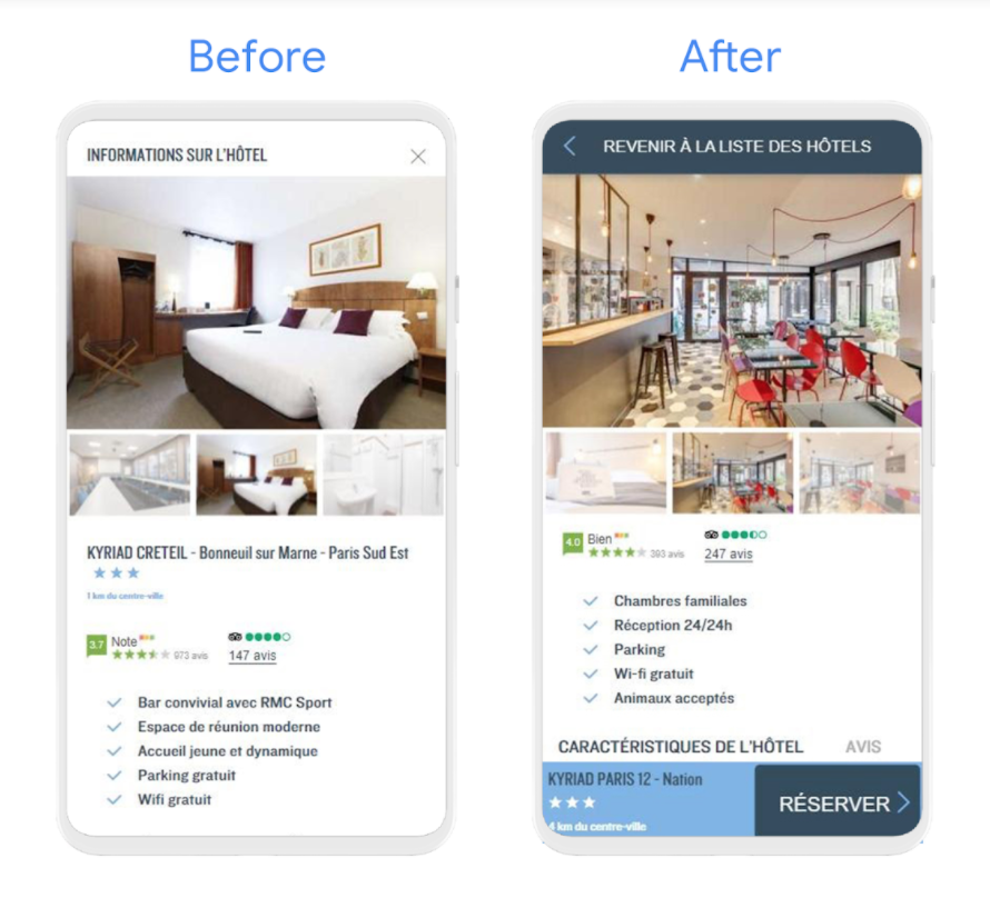 Phone screens showing before and after screenshots of the information page, with the ‘after’ shot showing clearer ‘back’ buttons at the top and a prominent ‘reservation’ button at the bottom.