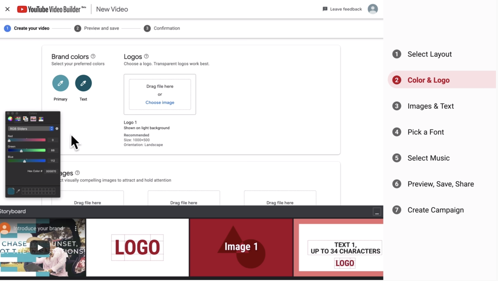 A screen prompting the user to select brand colors and logo files.