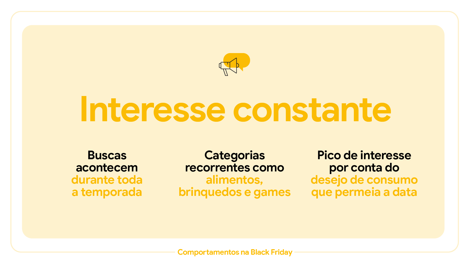 Interesse constante: buscas acontecem durante toda a temporada; categorias recorrentes como alimentos, brinquedos e games; pico de interesse por conta do desejo por consumo que permeia a data.