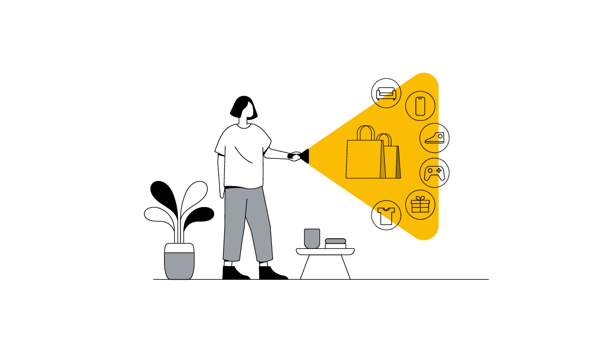 Ilustração de uma pessoa em pé segurando uma lanterna que projeta um feixe amarelo, destacando ícones de compras, incluindo sacolas, um smartphone, roupas e um tênis.