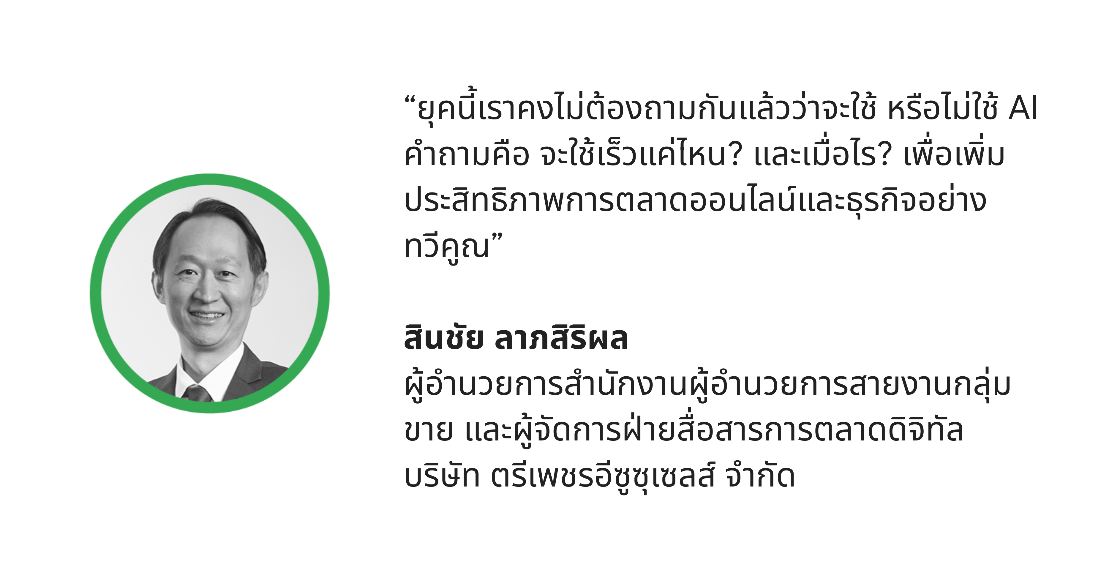 สินชัย ลาภสิริผล ผู้อำนวยการสำนักงานผู้อำนวยการสายงานกลุ่มขาย และผู้จัดการฝ่ายสื่อสารการตลาดดิจิทัล บริษัท ตรีเพชรอีซูซุเซลส์ จำกัด เล่าถึงความจำเป็นของ AI ในปัจจุบัน และแบรนด์ต้องตัดสินใจว่าจะใช้ AI ผลักดันการตลาดออนไลน์และผลลัพธ์ทางธุรกิจเมื่อไร
