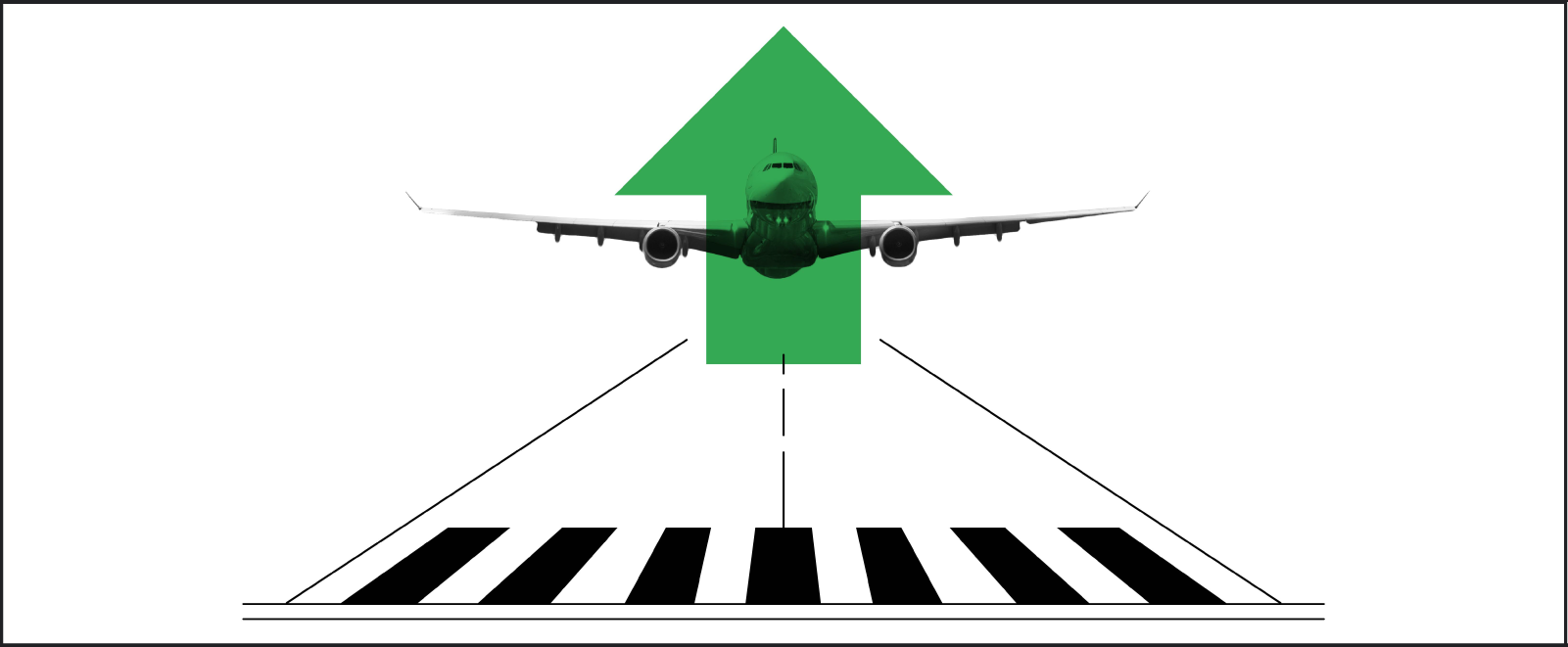 Ilustración en blanco y negro de un avión despegando en la pista de aterrizaje con una llamativa flecha verde dibujada sobre el avión.