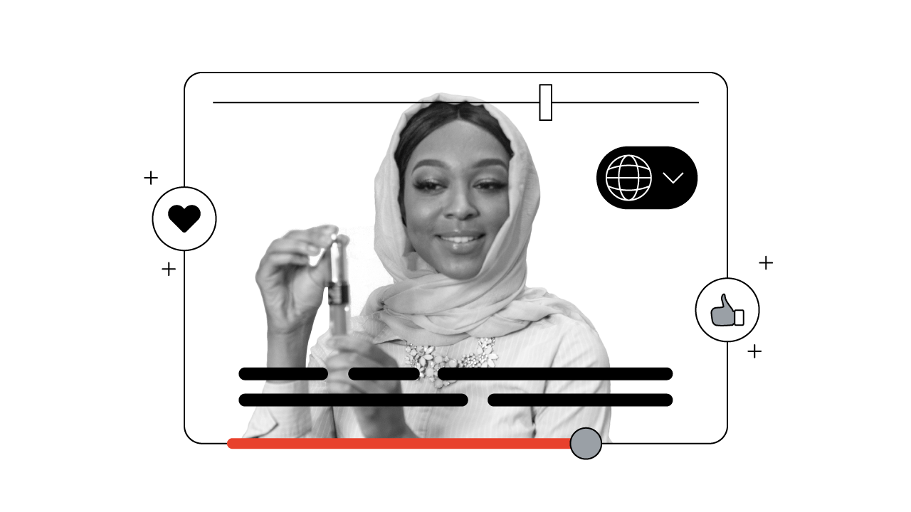 Una donna che indossa un hijab effettua una presentazione in un video di YouTube. È circondata da diverse icone: un cursore orizzontale per il remix, un'icona di un menu a discesa per le lingue, sottotitoli codificati in overlay, icone di Mi piace e a for