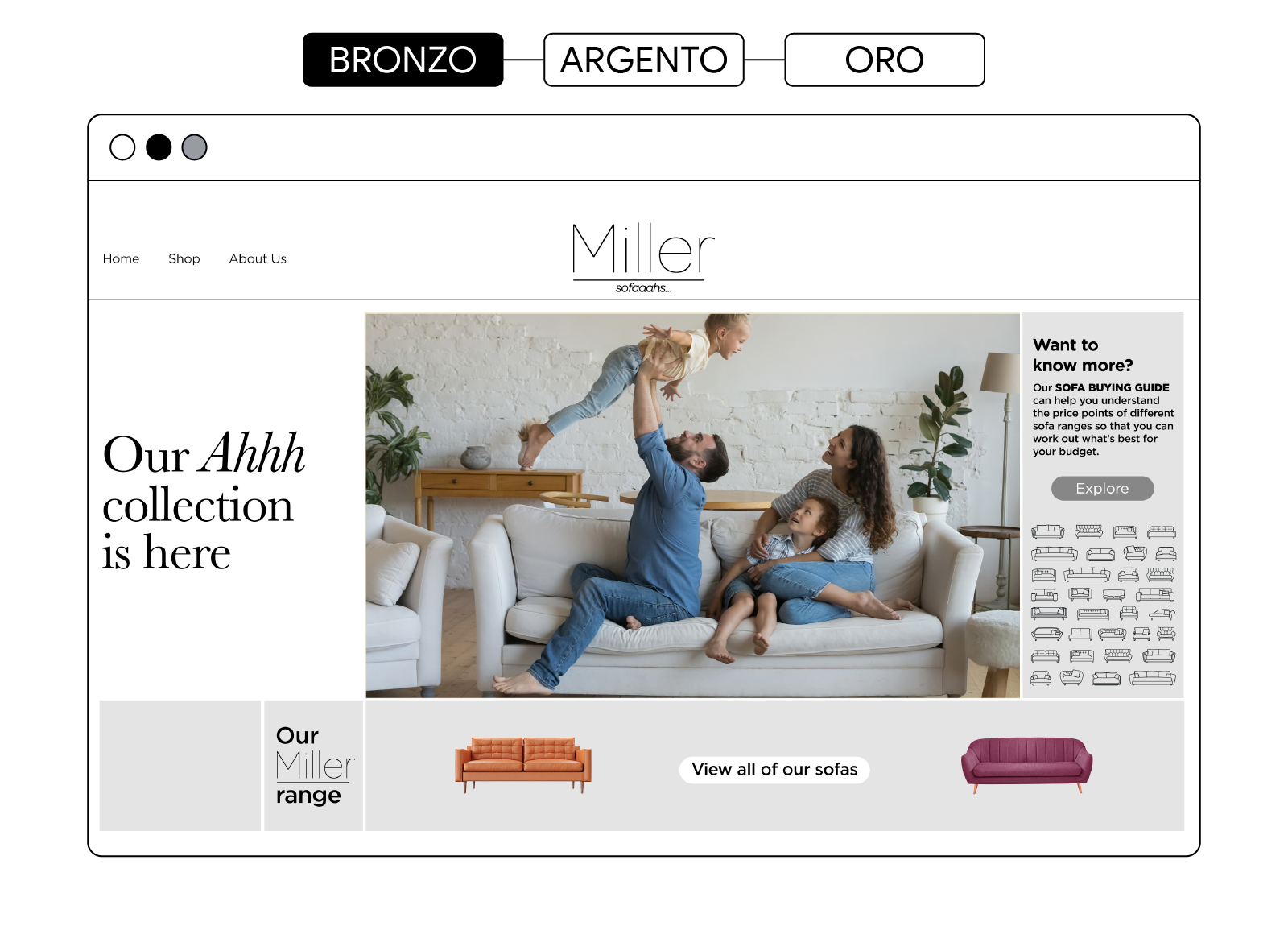 La versione di base ("bronzo") della pagina di destinazione del sito web dell'azienda di divani fittizia contiene il minimo indispensabile di informazioni e un'immagine promozionale di una famiglia seduta su un divano.