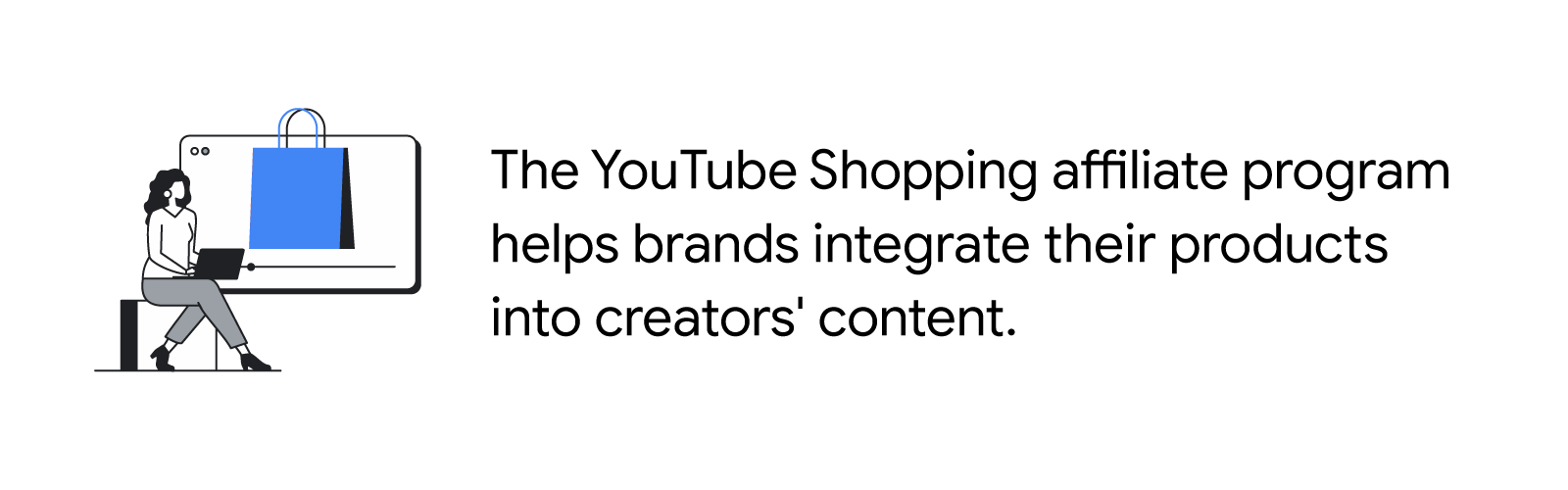 A lady with a laptop on her lap uses YouTube while a shopping bag appears on the screen, demonstrating how the YouTube Shopping affiliate program allows brands to partner with creators to integrate their products into their content.