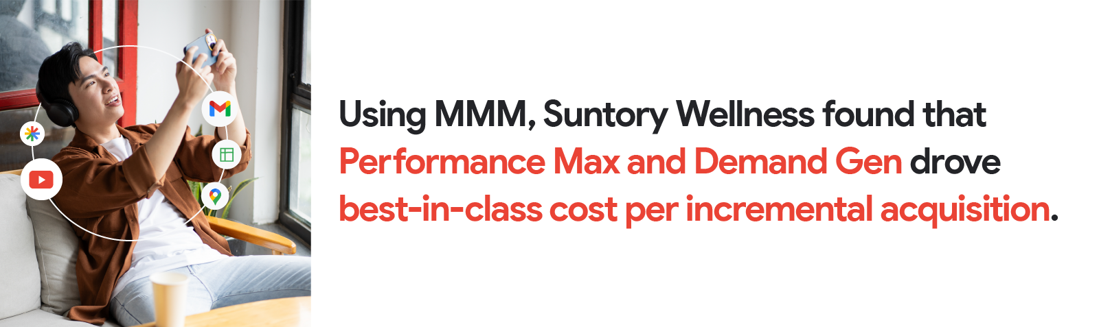 Using MMM in its data-driven marketing strategy, Suntory Wellness found that Performance Max and Demand Gen drove best-in-class cost per incremental acquisition. A man uses his phone surrounded by Google Discover, YouTube, Gmail, Sheets, and Maps.