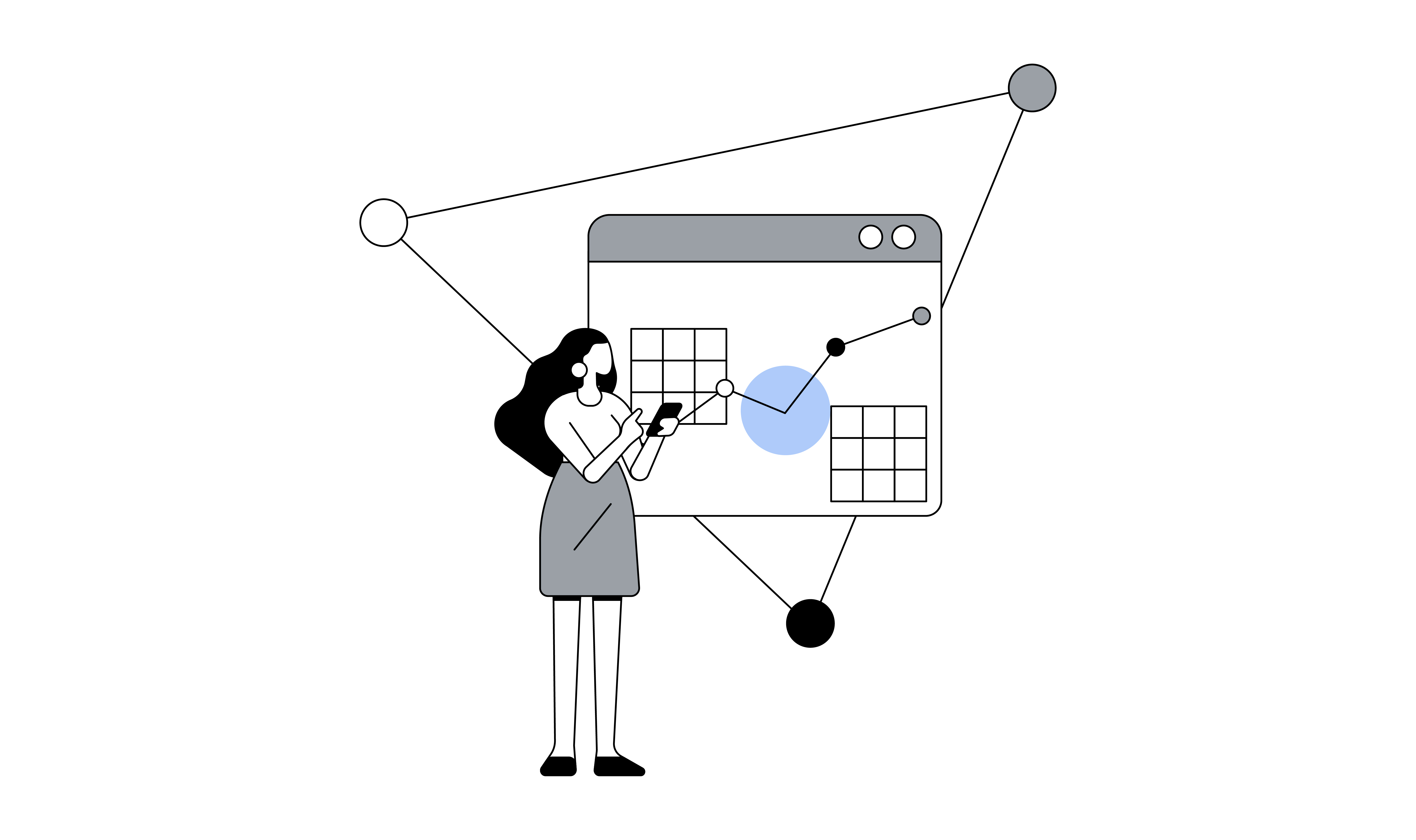 In a stylised illustration, a woman stands in front of a visualisation with icons showing how different data points are connected