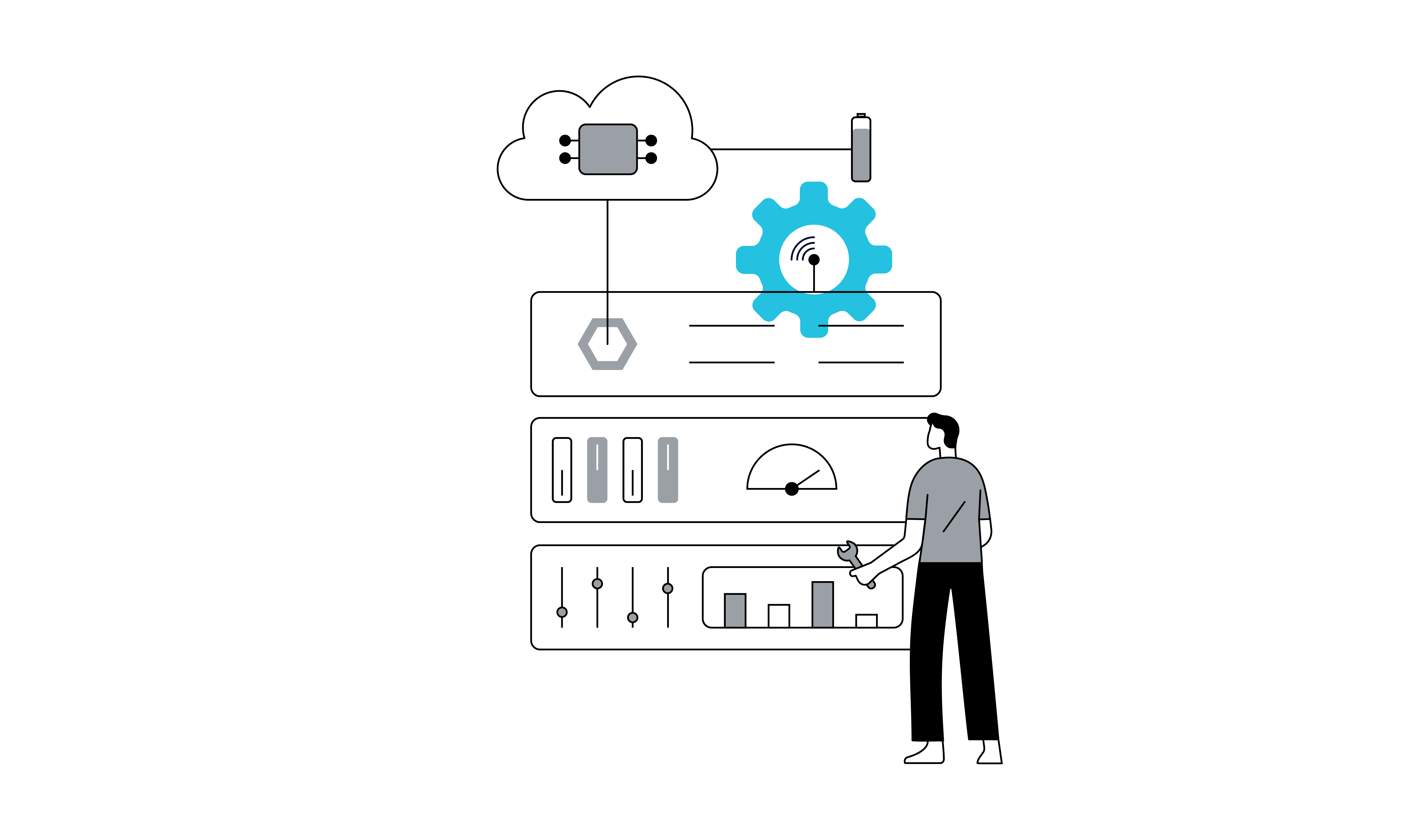 In a stylised illustration, a man stands in front of a visualisation of data storage with arrows, a gear, and connecting icons.