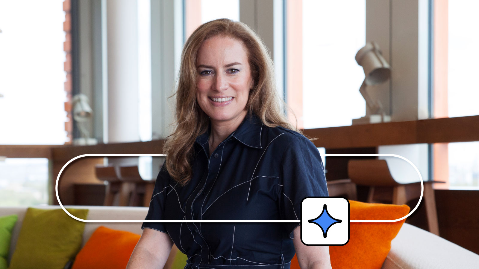 A photo of Debbie Weinstein, president of Google for Europe, the Middle East, and Africa. The photo has an illustrative overlay of the Google Search bar and the Gemini icon.
