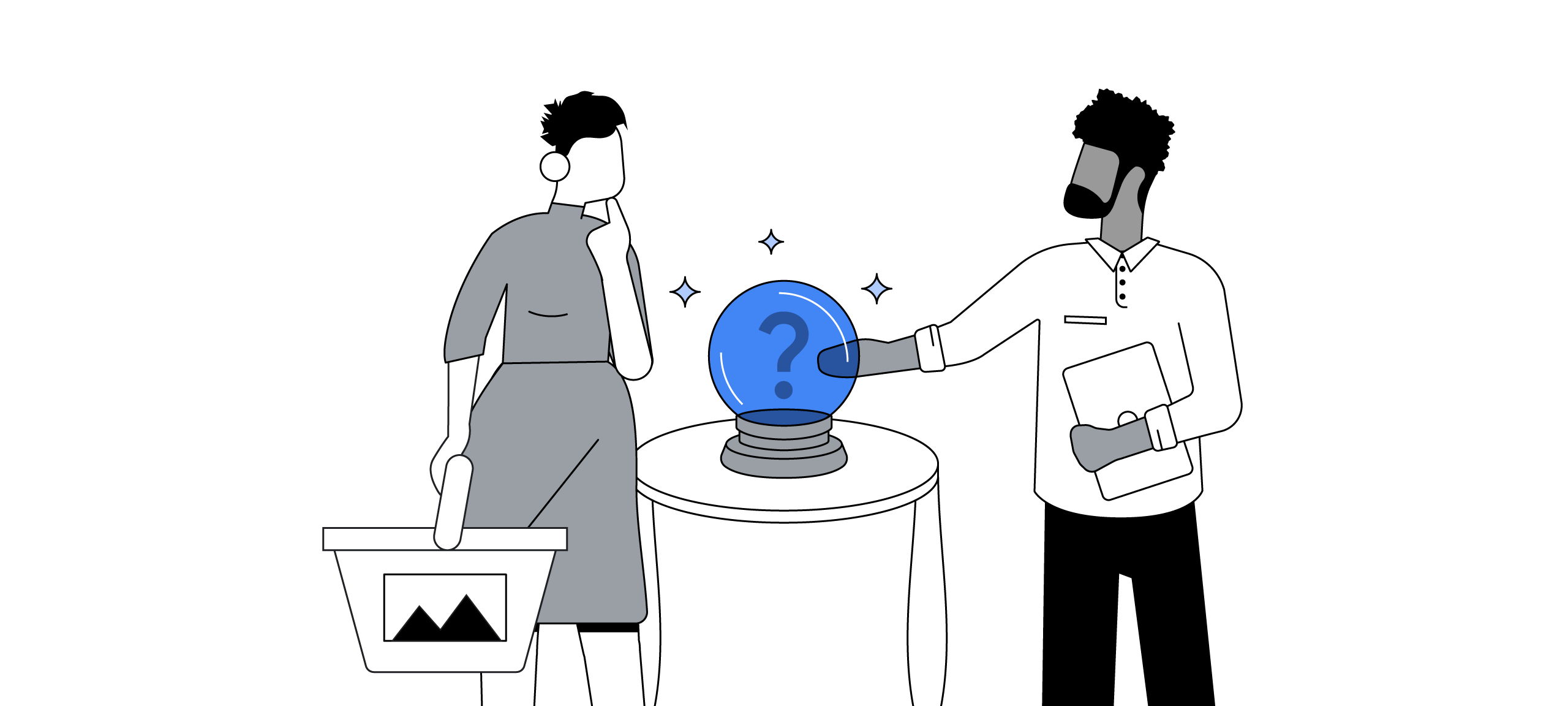 A woman with short hair and a grey dress holds a shopping basket, considering what to buy. Opposite is a man with short hair and a beard, a white shirt and black trousers, holds a laptop. They are both looking at a blue crystal ball with a question mark i