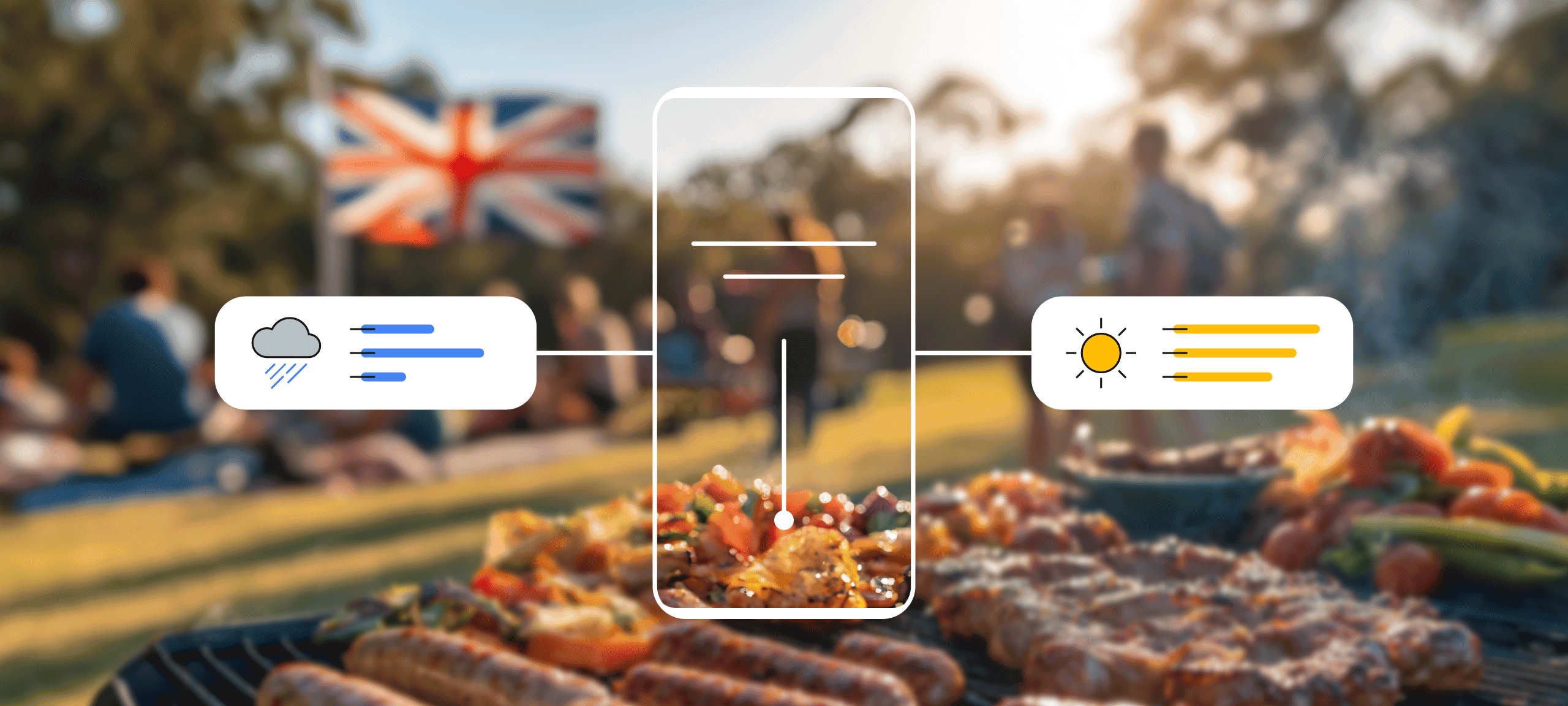 A photo shows an outdoors BBQ and a British flag. There is an illustrated overlay of a mobile phone, with on one side a box with a rain cloud and blue lines and on the other a box with a sun and yellow lines. They represent the two ads Waitrose used.