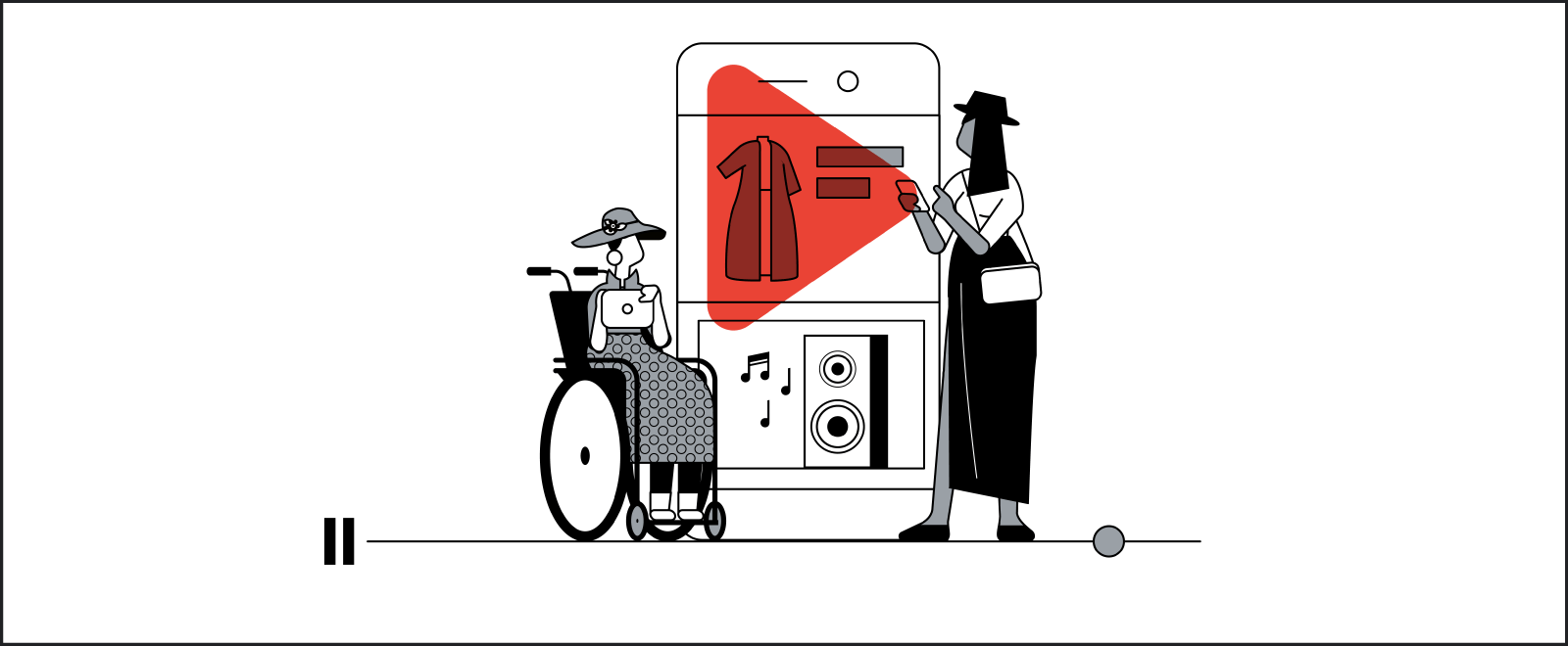 An illustrated image of a white woman in a wheelchair, with an iPad in her hands and dressed in a ‘cottagecore’ style of clothing, alongside a Black woman with a mobile phone in her hand and dressed in ‘dark academia’ style. Behind them is an illustration