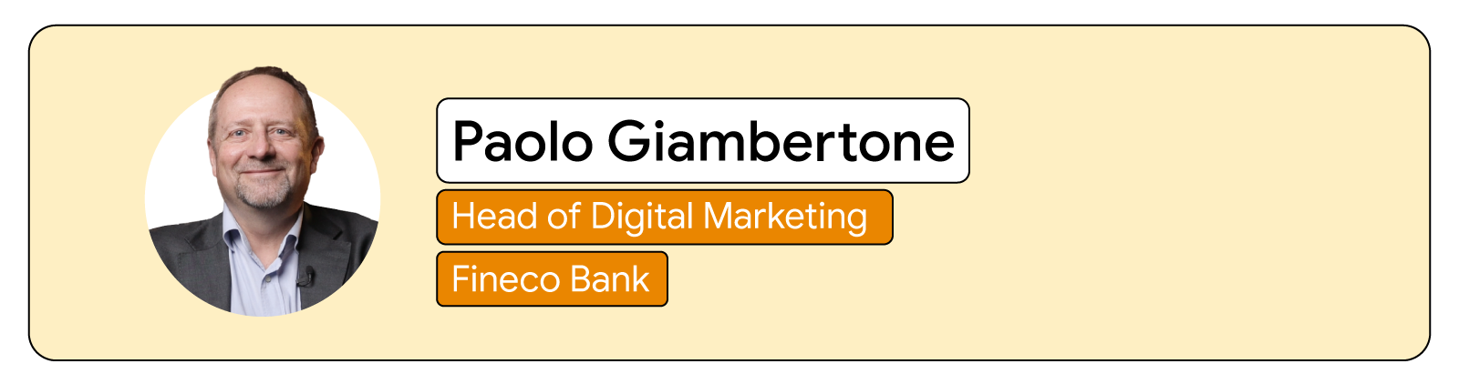 Against a pale yellow background, a headshot of Paolo Giambertone, head of digital marketing at Fineco Bank.