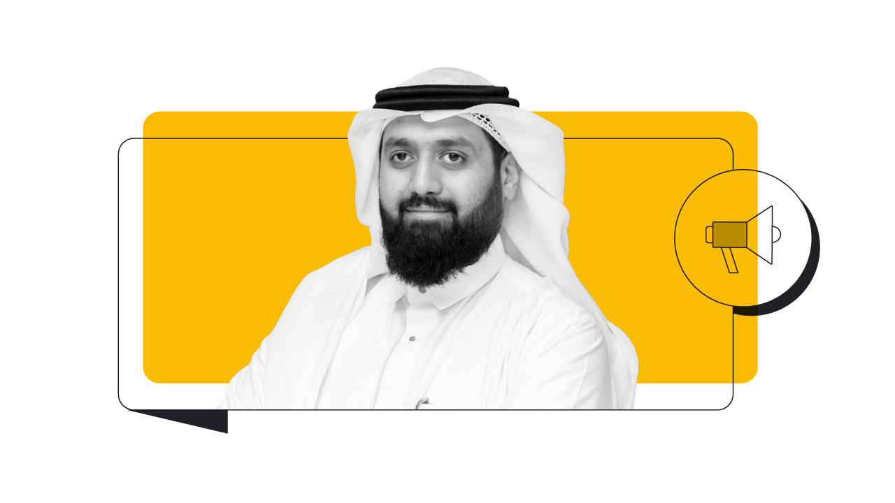 Photo of Mohammad Bin Jamil, Senior Marketing & Communications Manager, Address Jabal Omar Makkah. Behind the headshot, a yellow rectangle with a megaphone icon.