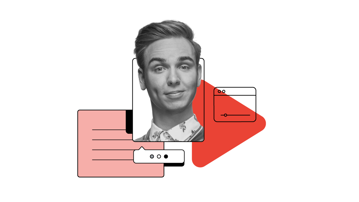 A headshot of Dylan Haegens popping out of a rectangular frame. He has light-skin, short hair and wears a shirt with a floral print. Around him, 3 icons: a text box, chat bubble, and internet browser with a video playing. A red play button arrow overlays.
