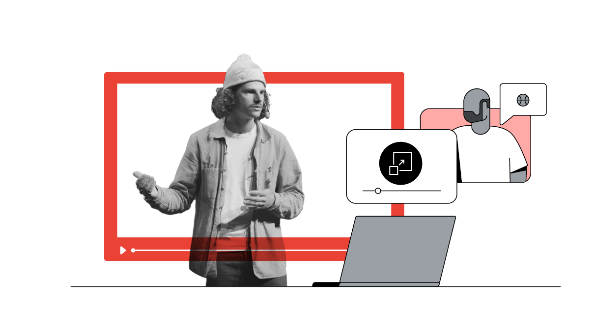 A man wearing a beanie stands inside a life-size red browser screen. An open laptop is in front of him. Above the laptop, three icons: a browser screen; a bearded man; and a smaller basketball inside a speech bubble.