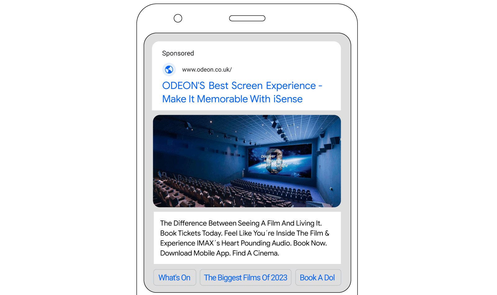 Screenshot of a sponsored Odeon ad on Google Search, displayed vertically on a smartphone. Ad title reads: “Odeon’s Best Screen Experience - Make it Memorable with iSense.”