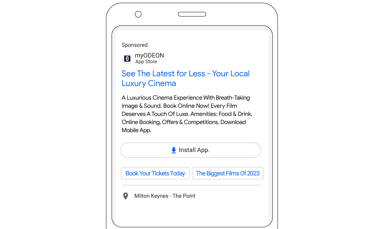 Screenshot of a sponsored “myODEON” ad on Google Search, displayed vertically on a smartphone. Ad title reads: “See the Latest for Less- Your Local Luxury Cinema”.