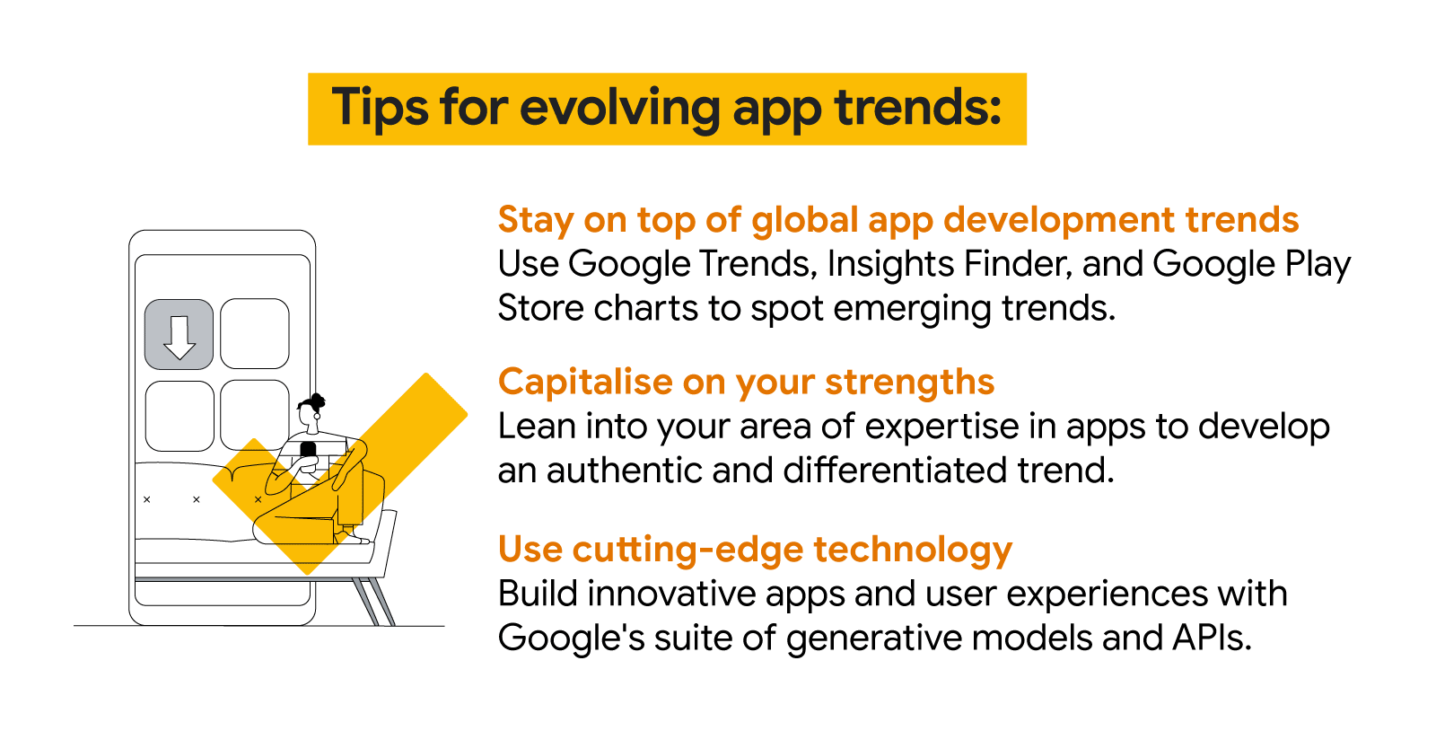 A woman on a sofa holds a mobile phone with a download sign, highlighting tips for evolving app trends such as, staying current on global app development trends, capitalising on strengths, and using cutting-edge technology like AI-powered solutions.
