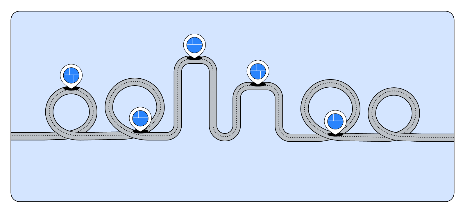 Against a pale blue background, an illustration of a road. The road includes loops, ascents and descents, and blue location pin overlays.