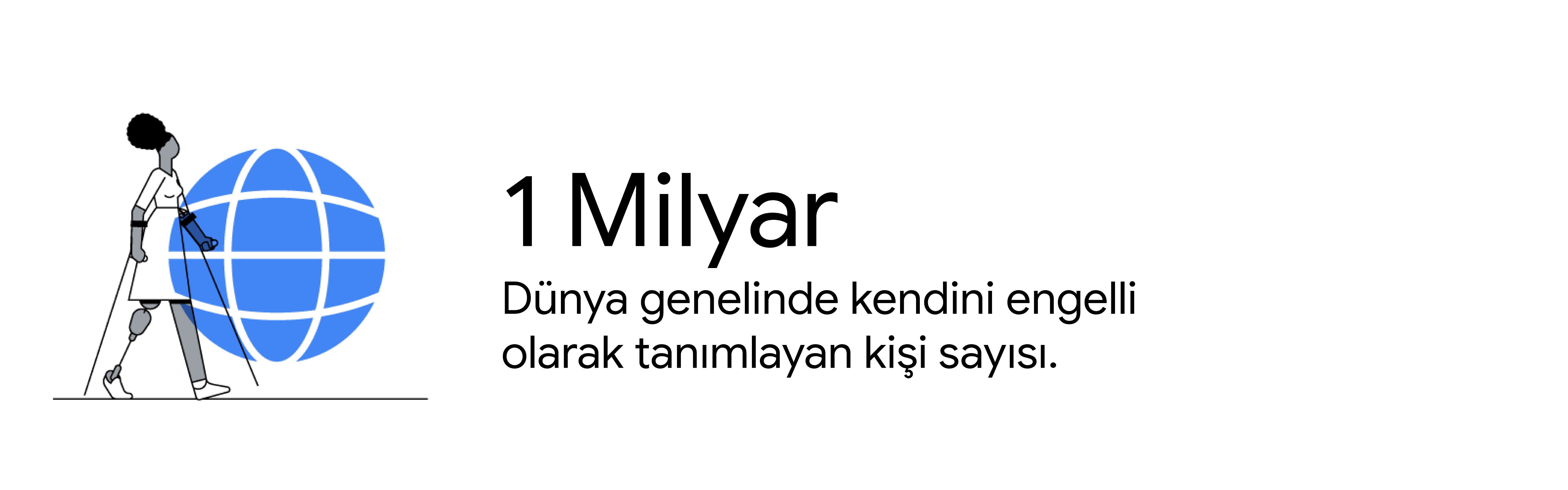 Diz üstü protez kullanan, beyaz elbiseli bir siyahi kadın, mavi bir kürenin önünde koltuk değnekleriyle yürüyor.