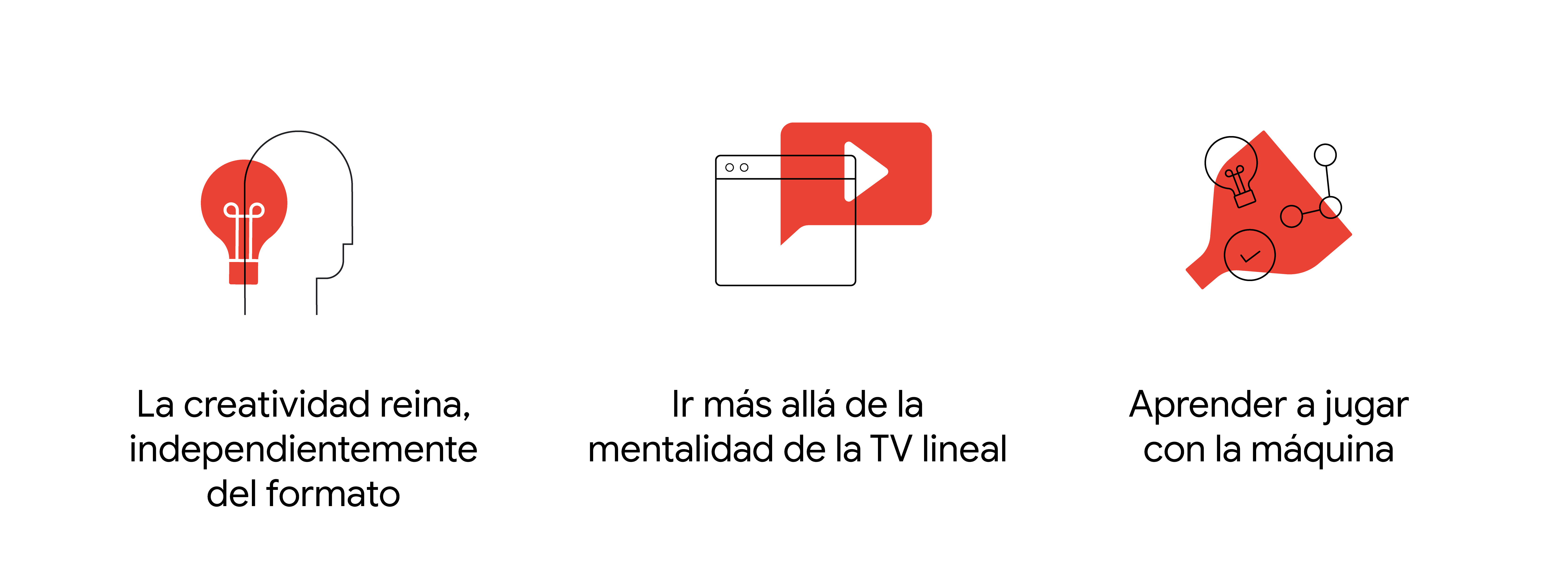 3 íconos que indican qué cosas las marcas deben considerar en el escenario centrado en el espectador: la creatividad reina, superar la mentalidad de la TV lineal y aprender a jugar con la máquina.