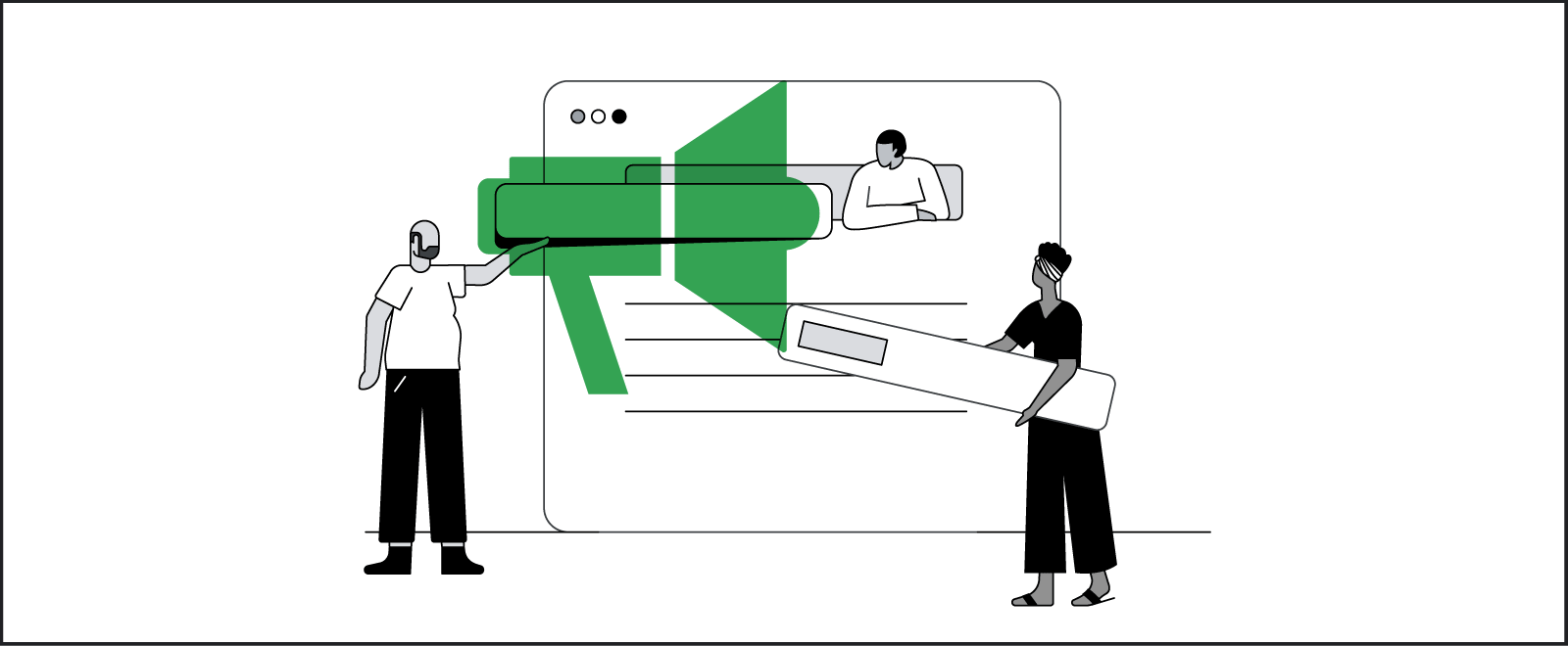Three people, a man with light skin, no hair, and a dark beard; a woman with dark skin and short. curly black hair in a wrap; and a medium-skin person with short black hair all work together to build a marketing website.
