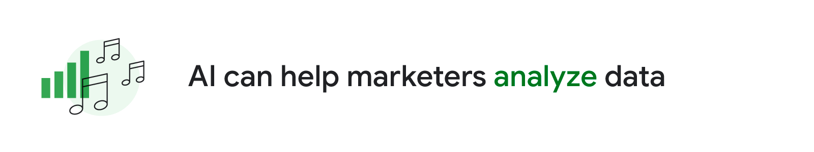 An illustration of music notes surrounding a bar graph accompanies the header, “AI can help marketers analyze data”.