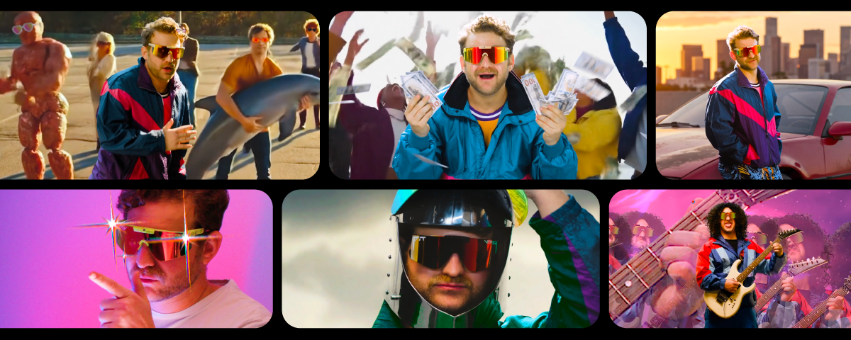 A guy with light skin and light head and facial hair, wearing an ’80s-style teal-and-hot-pink windbreaker with ski goggles mugs in 5 of 6 photos. Photo 6 shows a guy with light skin and long curly black hair playing an electric guitar in ski goggles.