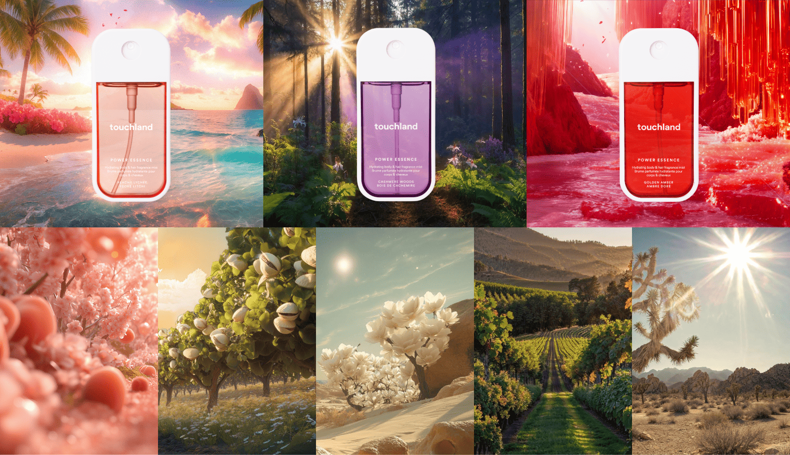 An AI-generated mood board of scenes evocative of Touchland body and hair mist fragrances, among them peach and lychee blossoms, a cotton field, a vineyard, a desert scene, a beach with palm tree, a woodland, and a crystalline fantasy scene.