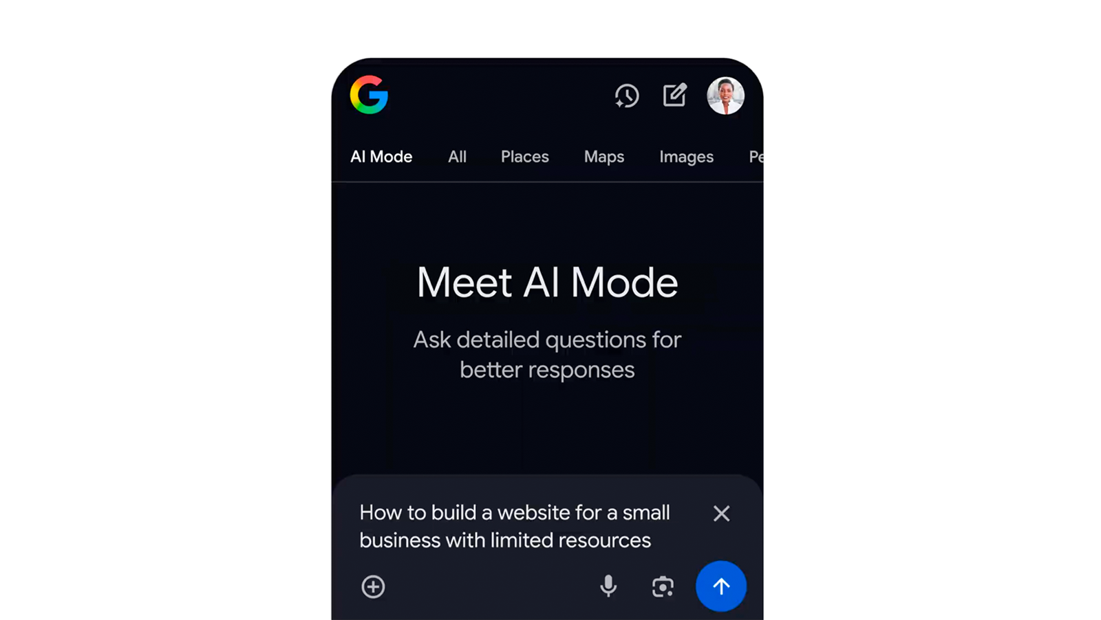 Um dispositivo móvel está aberto em "Conheça o AI Mode", um novo recurso encontrado na Busca do Google. O usuário pergunta: "Como criar um site para uma pequena empresa com recursos limitados".