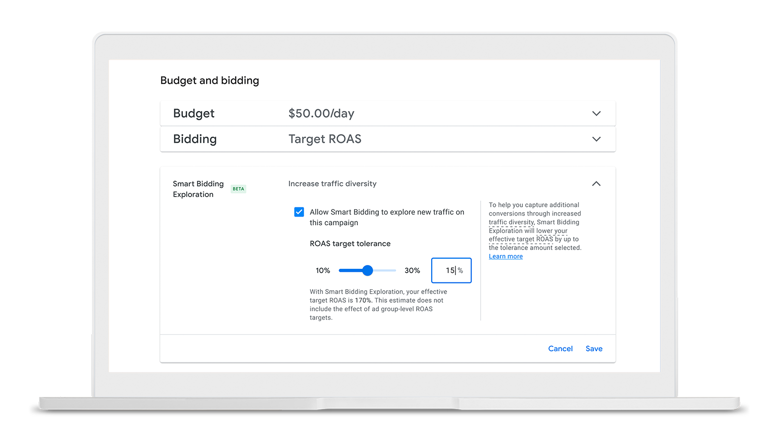 En la interfaz de Smart Bidding Exploration en la UI de Google Ads, un encabezado dice “Presupuesto y ofertas”, seguido de menús desplegables con “$50,00/día” en “Presupuesto”, y “ROAS objetivo” en “Oferta”.
