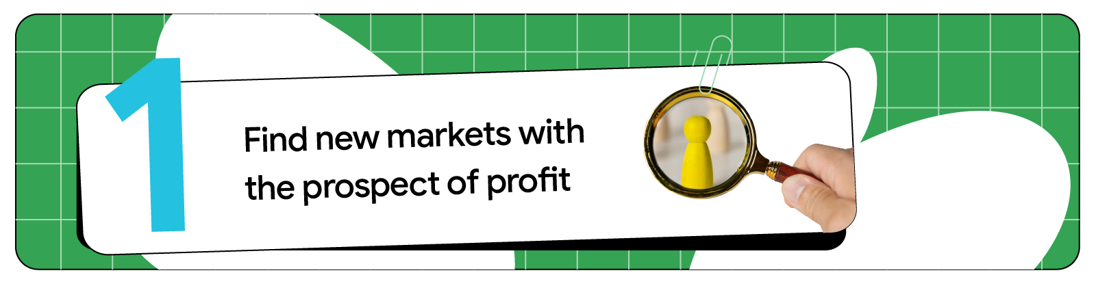 A magnifying glass focused on a small yellow pawn represents the first step in driving international expansion with AI-powered ads: finding markets with the prospect of profit to maximise conversion value.