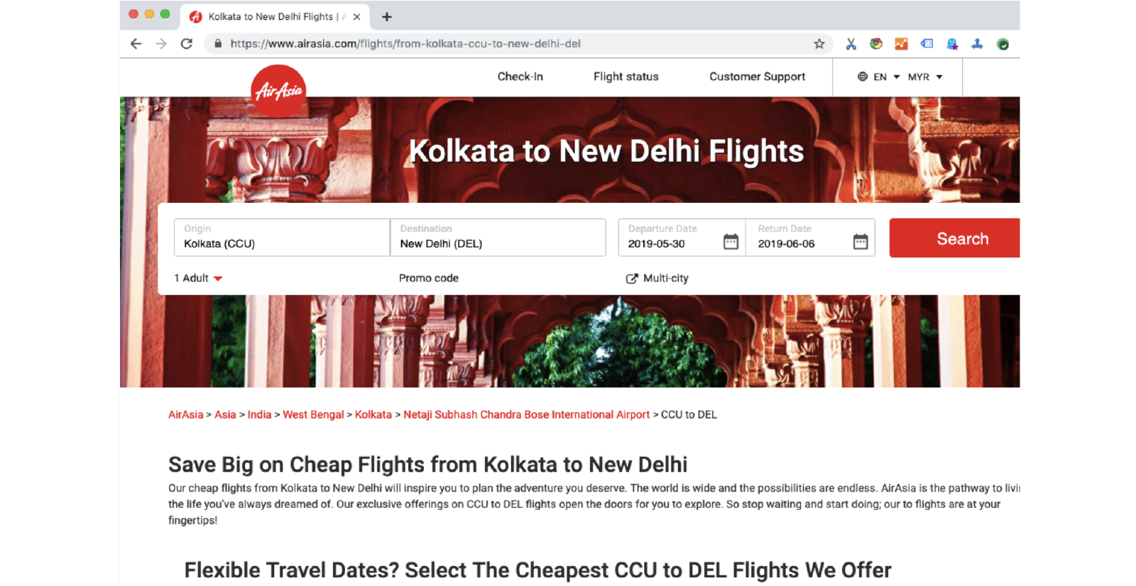 Screenshot of the AirAsia booking landing page that users will land on if they searched for “ccu to del flight” and clicked on the search ad served by Dynamic Search Ads
