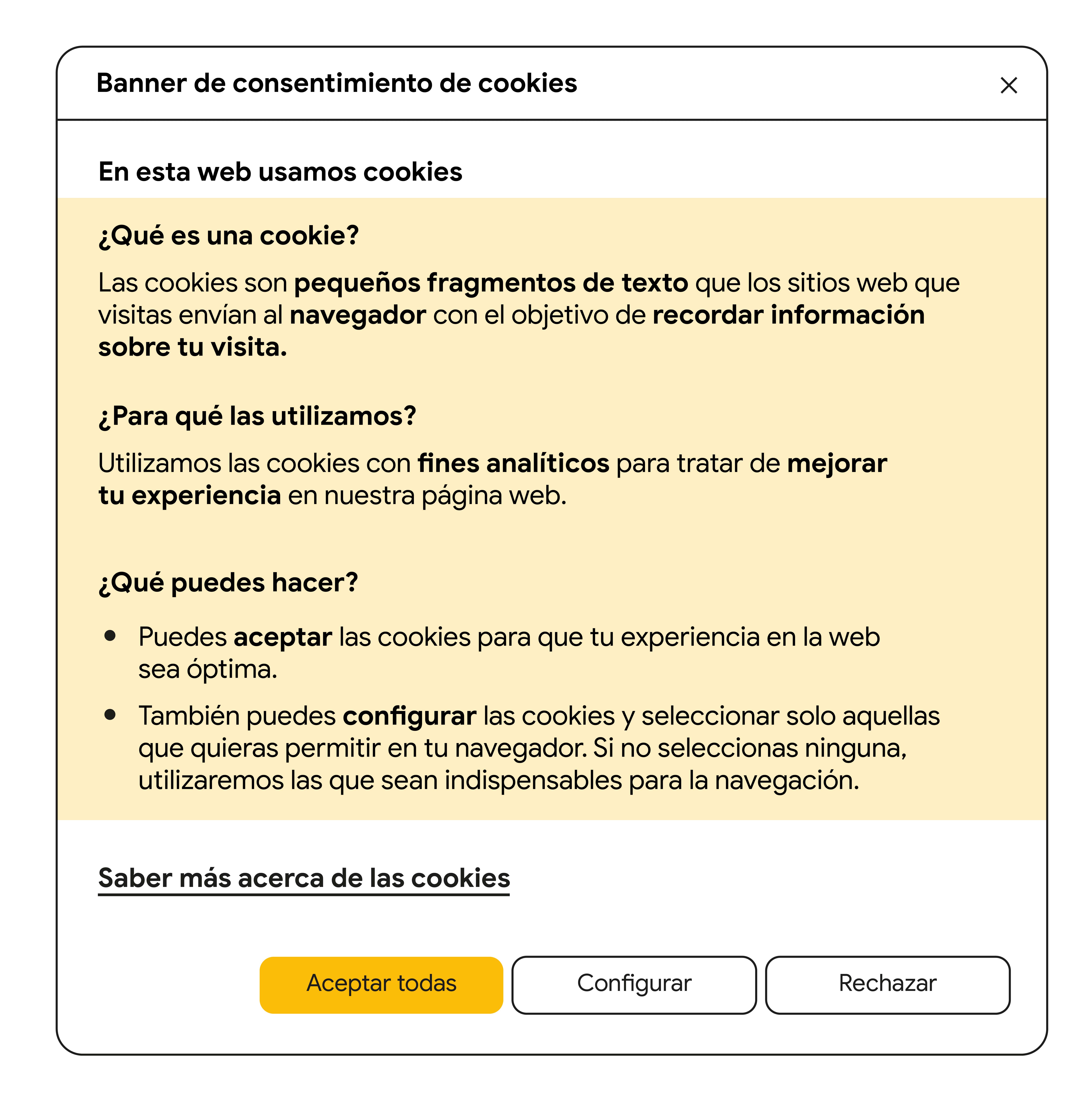 Versión desktop del banner de consentimiento de cookies de Flat 101 tras los test realizados, con la opción Aceptar todas al principio y en color amarillo.