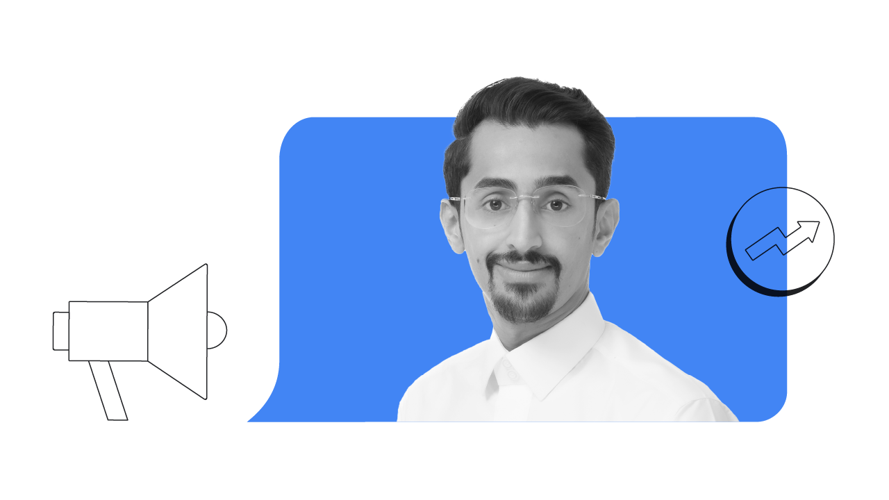 A headshot of Mohammed Alqasir, CEO of Rewaa, with his name and title. His photo has a blue speech bubble background, and a megaphone icon and an upward arrow are around it.