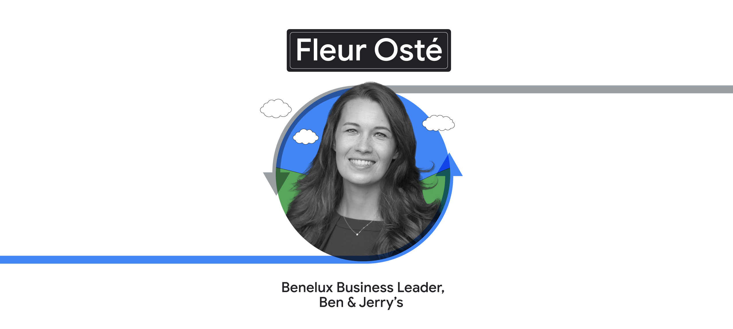 A black & white headshot of Fleur Osté, Ben & Jerry’s Benelux Business Lead, over a circular background. A grey and a blue arrow rotate around it. Above, her name and below, job title.