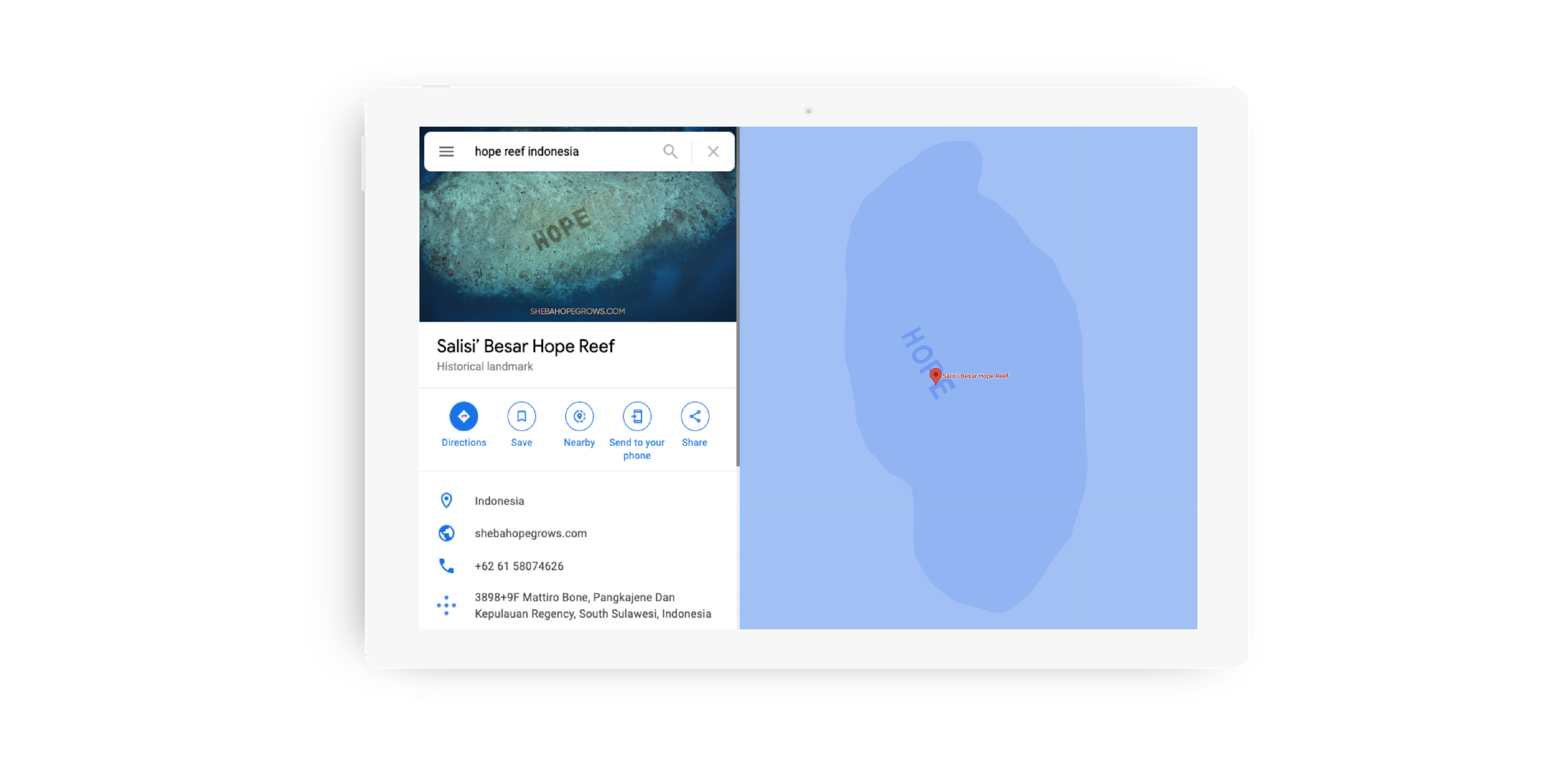 A coral reef restored by the Hope Grows campaign seen from Google Maps. The word HOPE is spelt out on the reef.