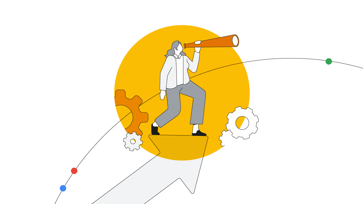 A person with long hair, wearing a jacket, a white shirt, long pants, and loafers, stands on an arrow that points up and to the right. They look through a monocular into the distance. Gear wheels and an arc with colorful dots fill the background.