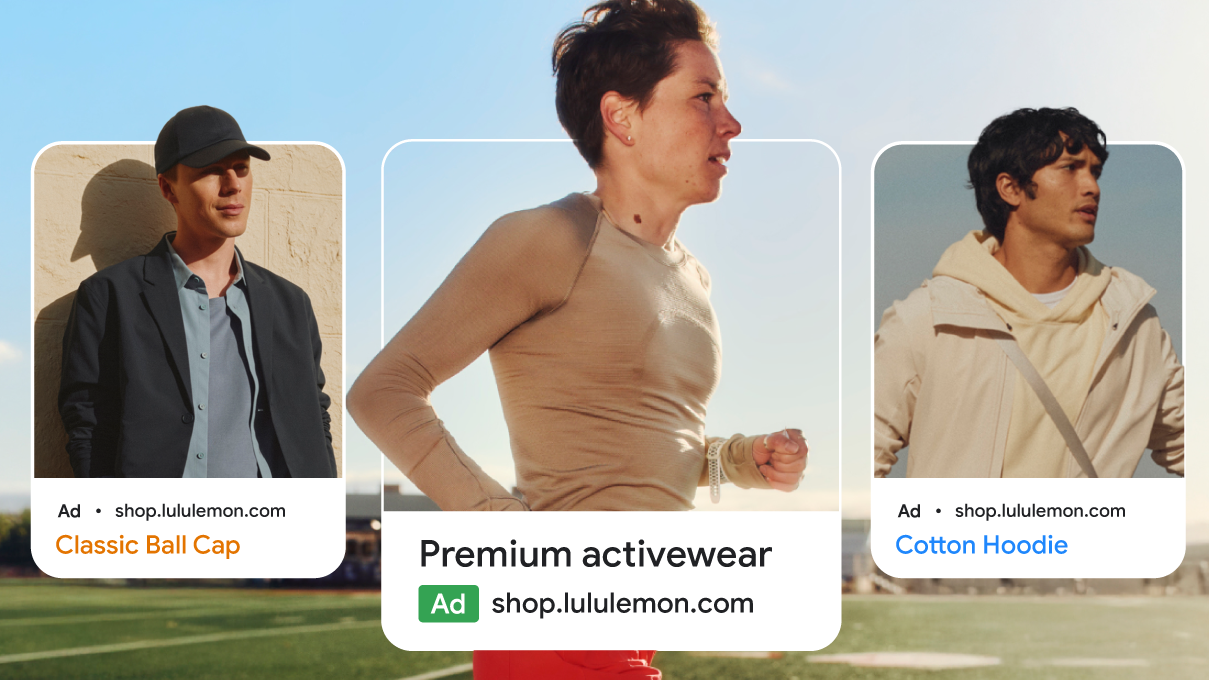 Google Search ads for Lululemon activewear framed with captions: a man with light skin wears a Classic Ball Cap; a woman with light skin and short, dark hair runs in Premium Activewear; a man with medium skin and dark hair models a Cotton Hoodie.