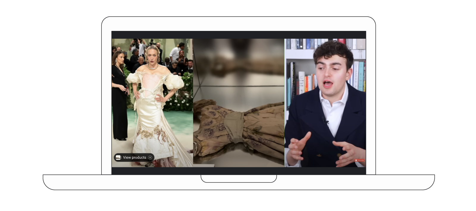 Ein dreiteiliger Screenshot in einem gezeichneten geöffneten Laptop. Darin ist rechts der YouTube Creator Luke Meagher von HauteLeMode zu sehen, der den Look der Met-Gala-Teilnehmerin Chloë Sevingy (links) beschreibt. In der Mitte ist ein Kleid abgebildet