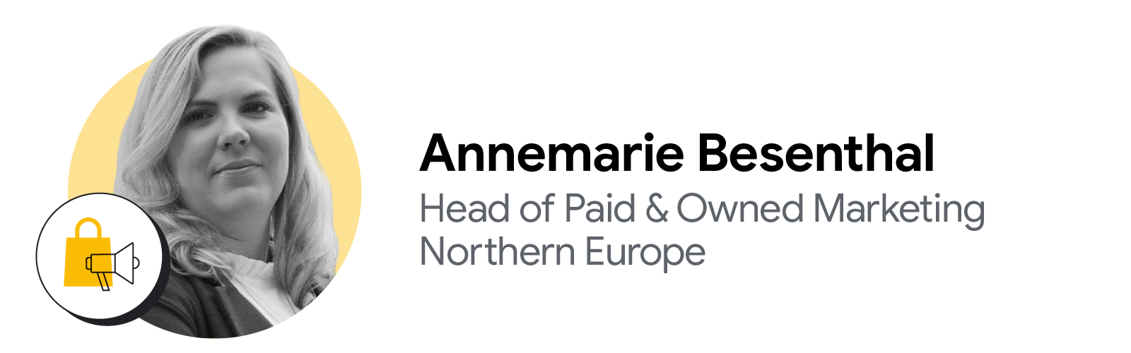 Shopping bag and megaphone icons accompany a black-and-white photo of Annemarie Besenthal, head of paid & owned marketing, Northern Europe, Pandora