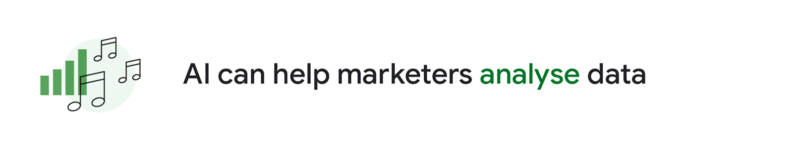 An illustration of music notes surrounding a bar graph accompanies the header: “AI can help marketers analyse data