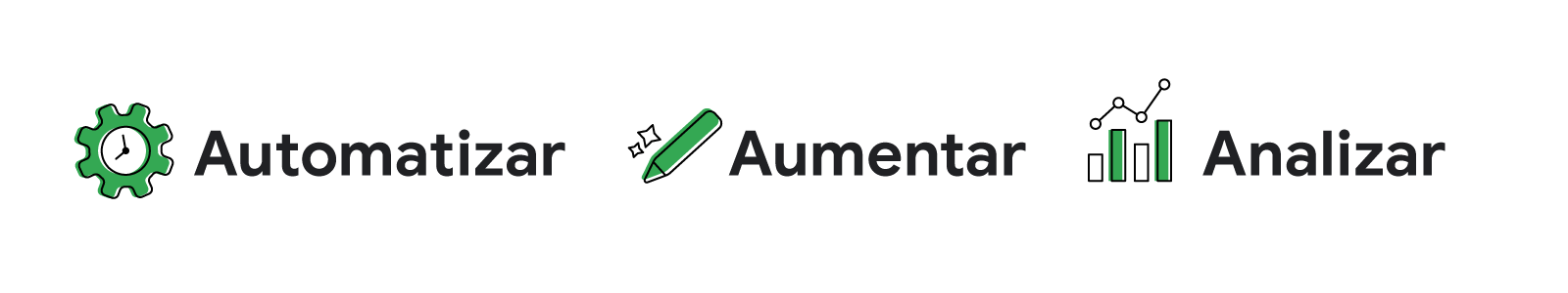 Tres palabras a modo de índice junto a iconos: automatizar con una rueda de engranaje, aumentar con un lápiz y analizar con una gráfica de barras.