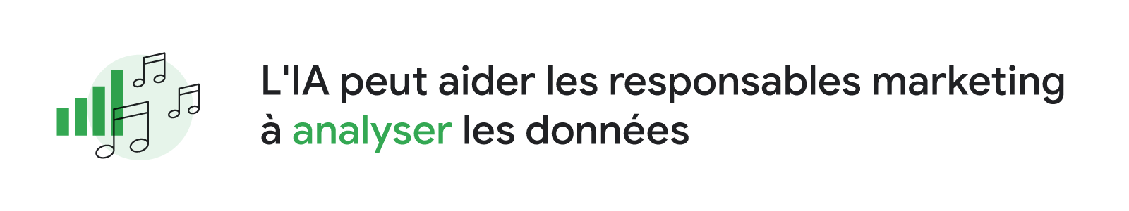 Illustration représentant des notes de musique entourant un graphique à barres, accompagnée du titre : "L'IA peut aider les responsables marketing à analyser les données".