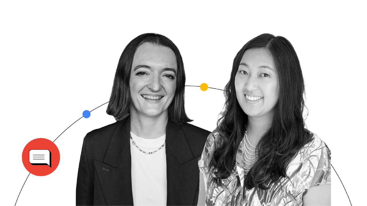 Celia Salsi und Melissa Hsieh Nikolic von Google lächeln auf einer Fotocollage. Salsi trägt eine dunkle Jacke mit einem weißen Hemd. Hsieh Nikolic trägt ein bedrucktes Kleid.