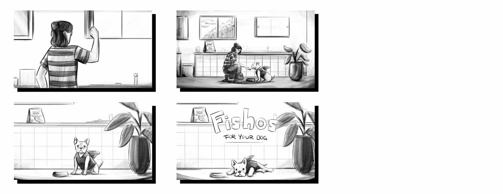 Uno storyboard a quattro riquadri per il brand fittizio Fishos: una donna apre un mobiletto da cucina. Dà da mangiare a un cagnolino travestito da squalo. Il cane seduto guarda lo spettatore. Il cane si stende sul pavimento con il logo del brand "Fishos f