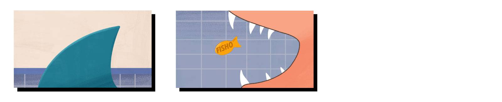 Deux images illustrées tirées d'une vidéo : l'une montre une nageoire de requin bleu sarcelle en gros plan, devant un comptoir de cuisine. La seconde montre une vue rapprochée d'un chien qui ouvre la gueule en grand pour manger une friandise Fishos se dir