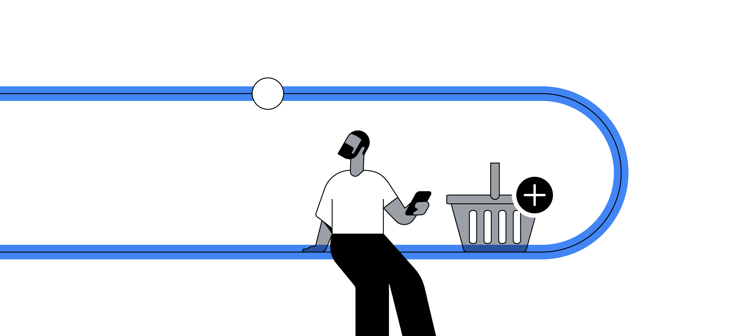 Un homme, assis et détendu, consulte son téléphone portable tout en regardant un panier d'achat avec un signe plus.